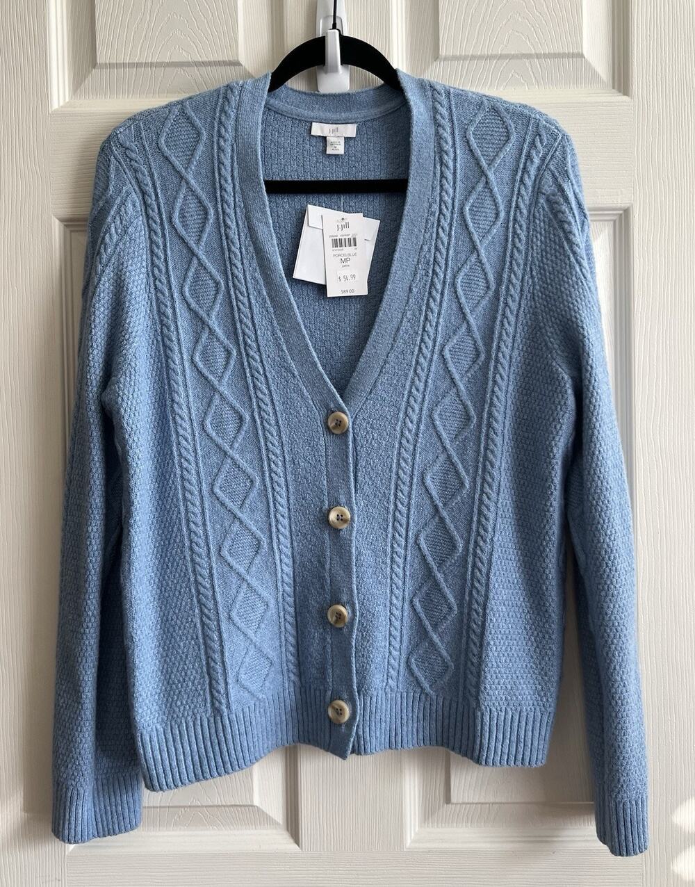 J JILL Porcelain Blue Cable Knit V-Neck Grandpa Sweater Cardigan Sz MP NWT